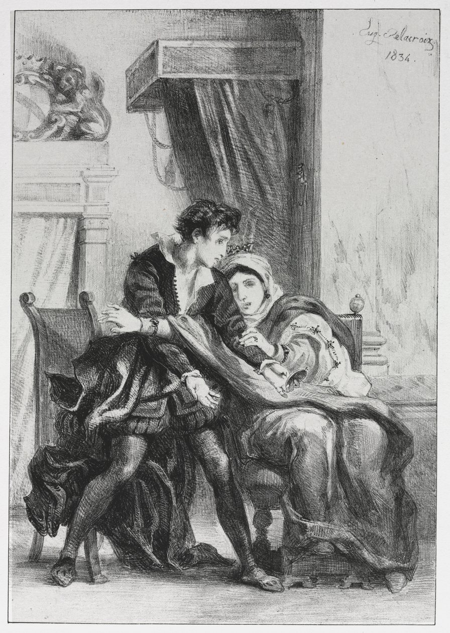 Hamlet: Hamlet ja kuningatar tekijältä Eugène Delacroix