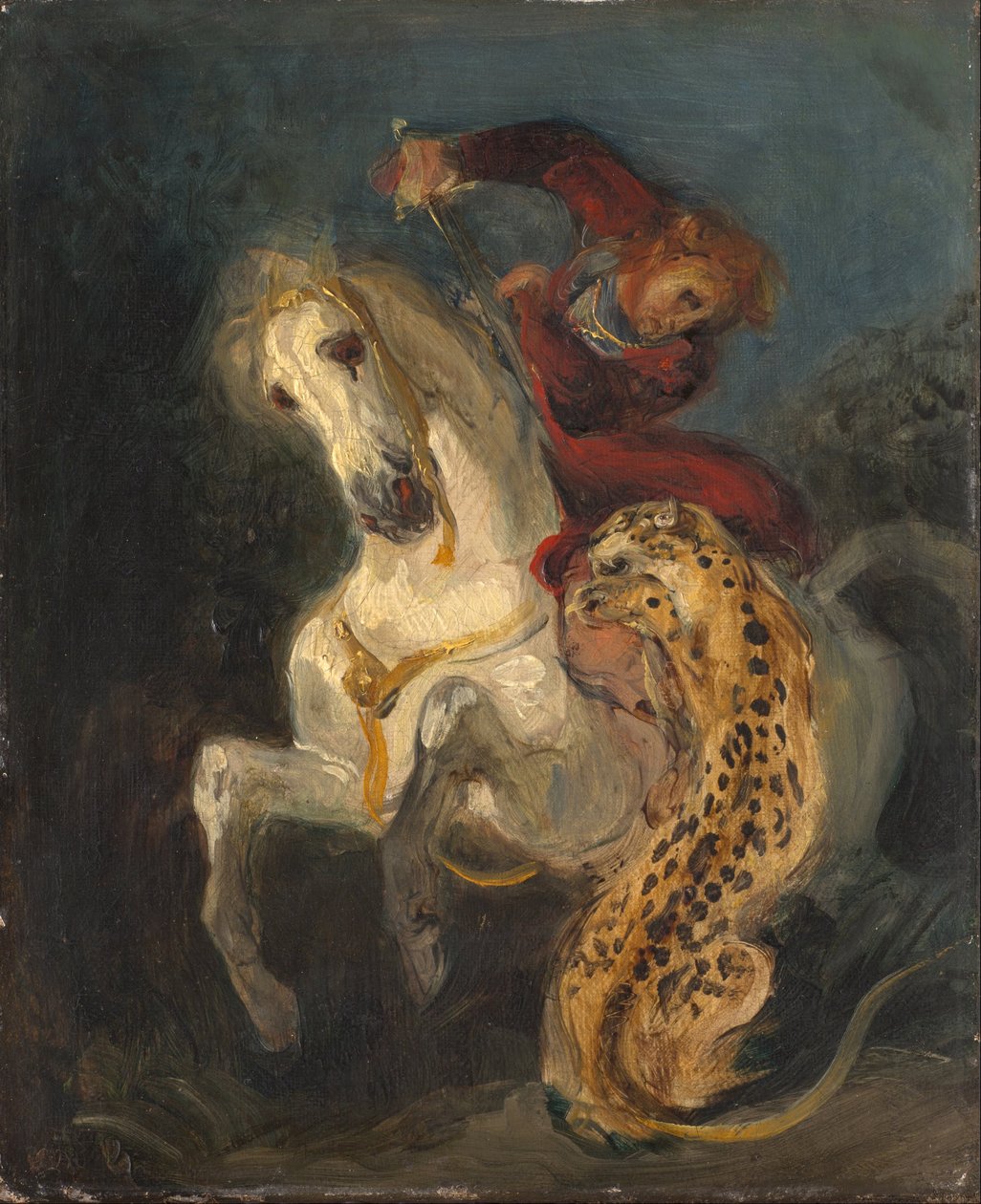 Jaguaari hyökkäsi ratsastajan kimppuun tekijältä Ferdinand Victor Eugene Delacroix