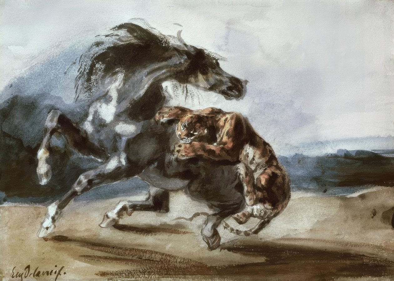 Tiikeri hyökkää villihevosen kimppuun tekijältä Ferdinand Victor Eugene Delacroix