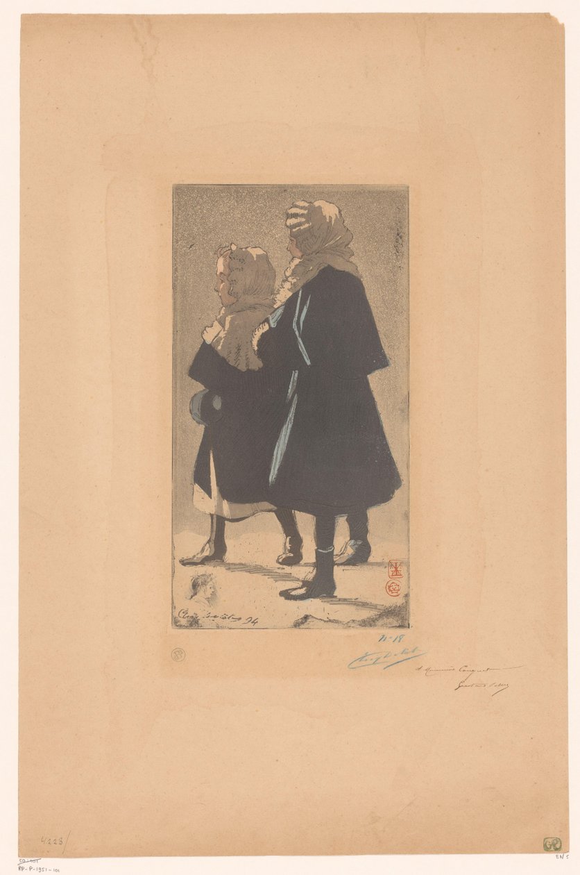 Kaksi tyttöä talvivaatteissa tekijältä Eugène Delâtre (signed by artist)