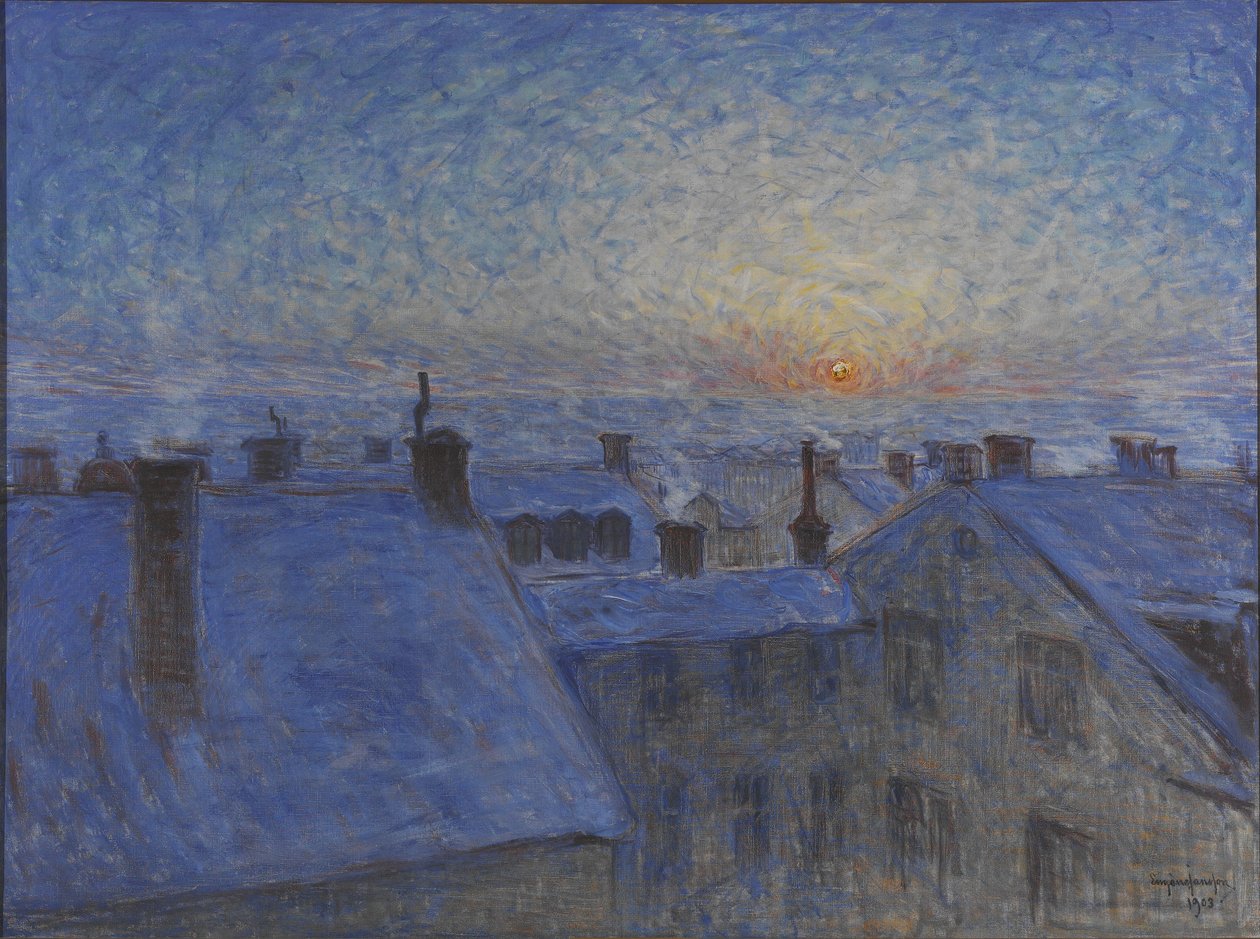 Auringonnousu Tukholman kattojen yllä, 1903 tekijältä Eugène Jansson