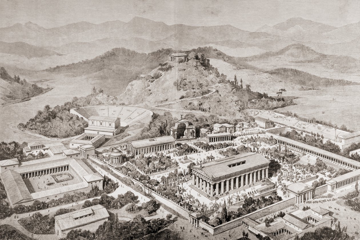 Taiteilijan näkemys Olympiasta, Kreikasta, muinaisten olympialaisten aikaan, "El Mundo Ilustradosta", julkaistu Barcelona, 1880 tekijältä European School