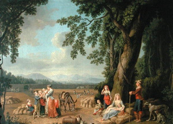 Sadonkorjuukohtaus, jossa Ferdinand I (1503-64), hänen vaimonsa Anne Böömiläinen ja Unkarilainen ja heidän lapsensa, n. 1620 tekijältä European School