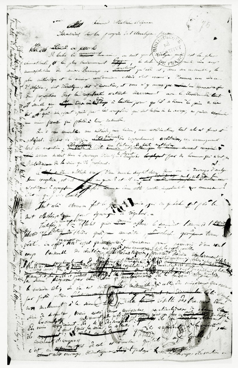 Käsikirjoitus puhtaan analyysin edistymisestä, n. 1830 (kynä ja muste paperille) tekijältä Evariste Galois