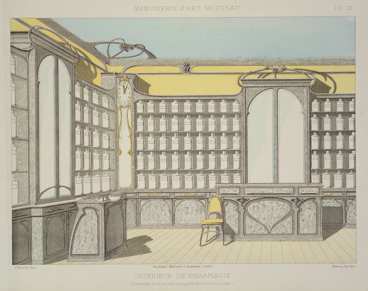 Apteekin sisustus, kuvitus "Menuiserie d