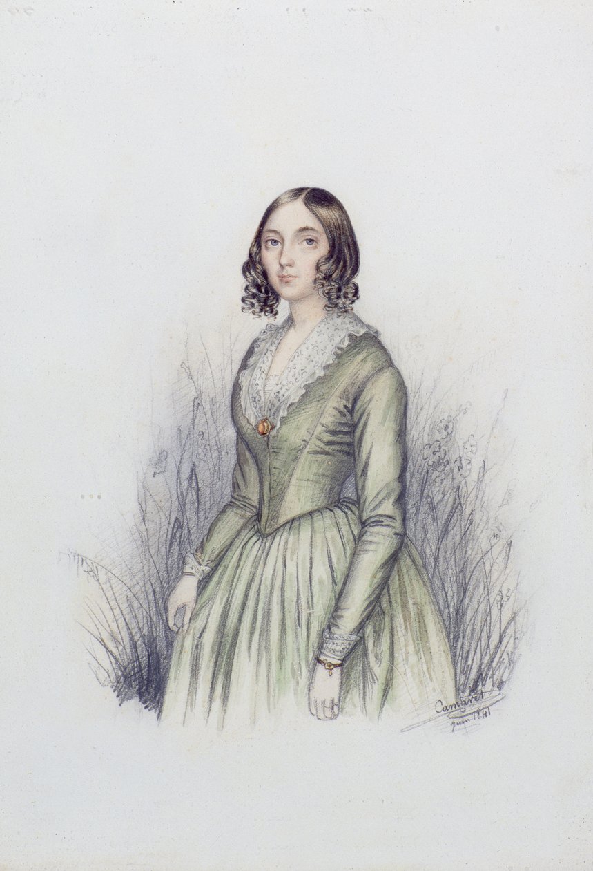 Nuoren naisen muotokuva vihreässä mekossa, 1841 (wc ja kynä paperille) tekijältä F. Camaret