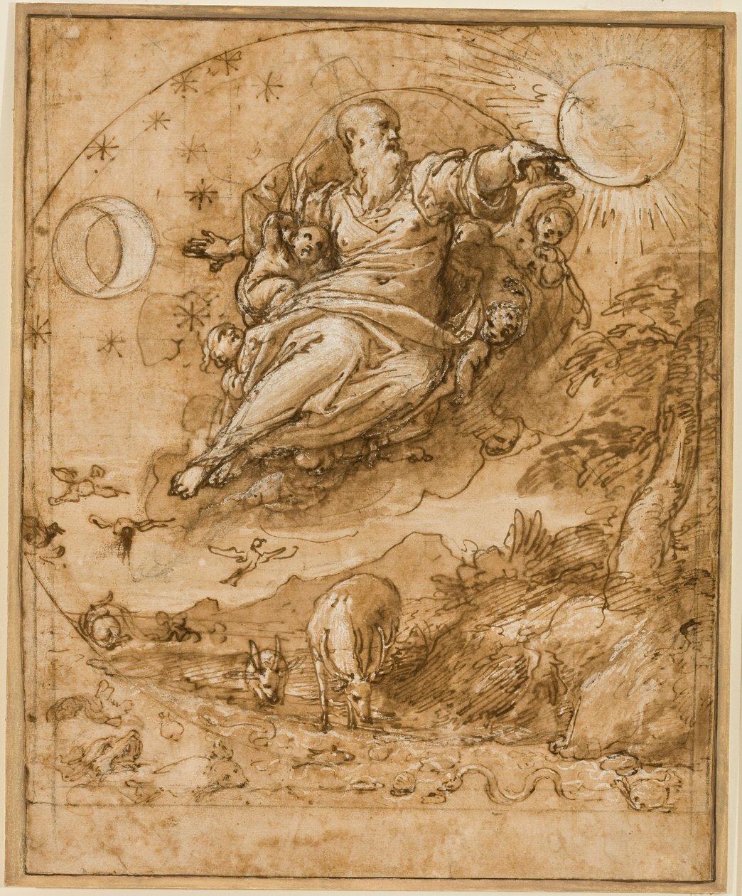 Herra luo aurinkoa ja kuuta, 1566-69 (kynä ja mustetta, liitu, pesu ja valkoinen korostus paperille) tekijältä Federico Zuccaro