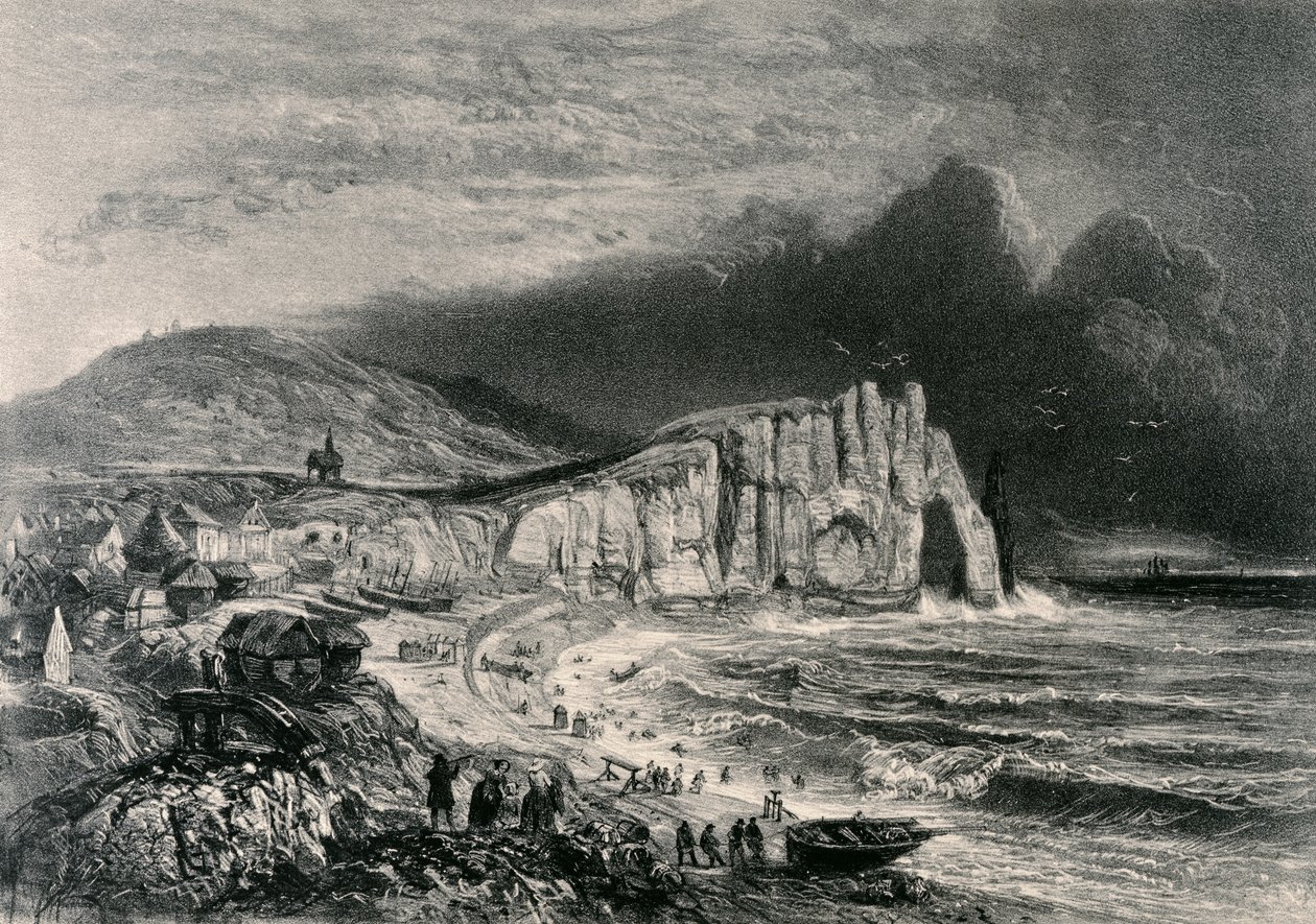 Etretat, kuvitus Normandiaa käsittelevästä luvusta "La Normandie Illustreesta", kaivertanut Charpentier, julkaistu Nantesissa 1852 tekijältä Felix Benoist
