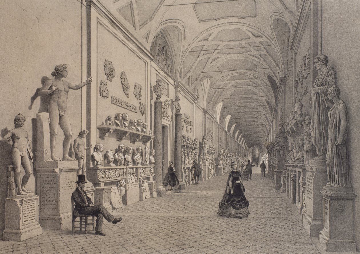 Vatikaanin museot, Chiaramonti-galleria ja Braccio Nuovo -gallerian sisäänkäynti, Rooma, kuvitus albumista "Rome dans sa grandeur", kaiverrus Philippe Benoist (s.1813) 1870 tekijältä Felix Benoist