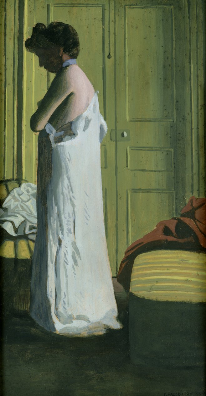 Alaston sisätiloissa, nainen riisumassa paitaansa tekijältä Felix Edouard Vallotton