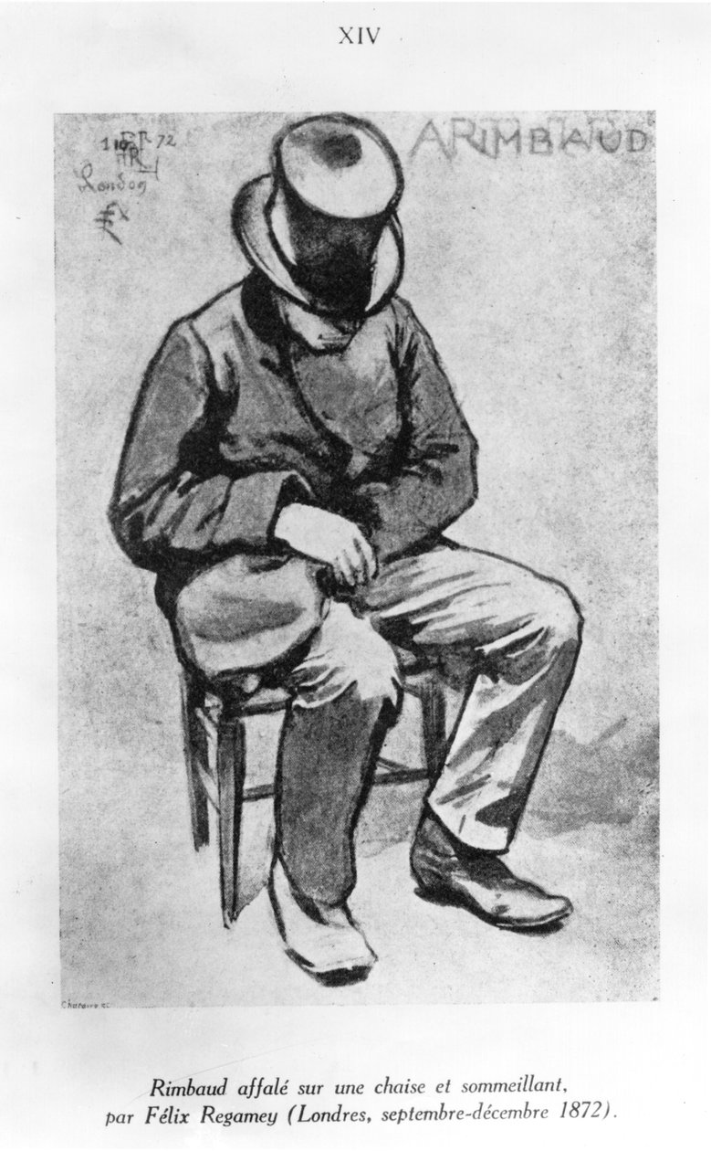 Arthur Rimbaud (1854-91) makasi tuolille ja torkkui Lontoossa, 1872 (pesu ja muste paperille) tekijältä Felix Regamey
