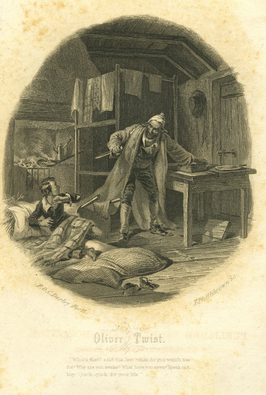 Oliver Twist ja Fagin, kaiverrettu T. Phillibrownin toimesta. tekijältä Felix Octavius Carr Darley