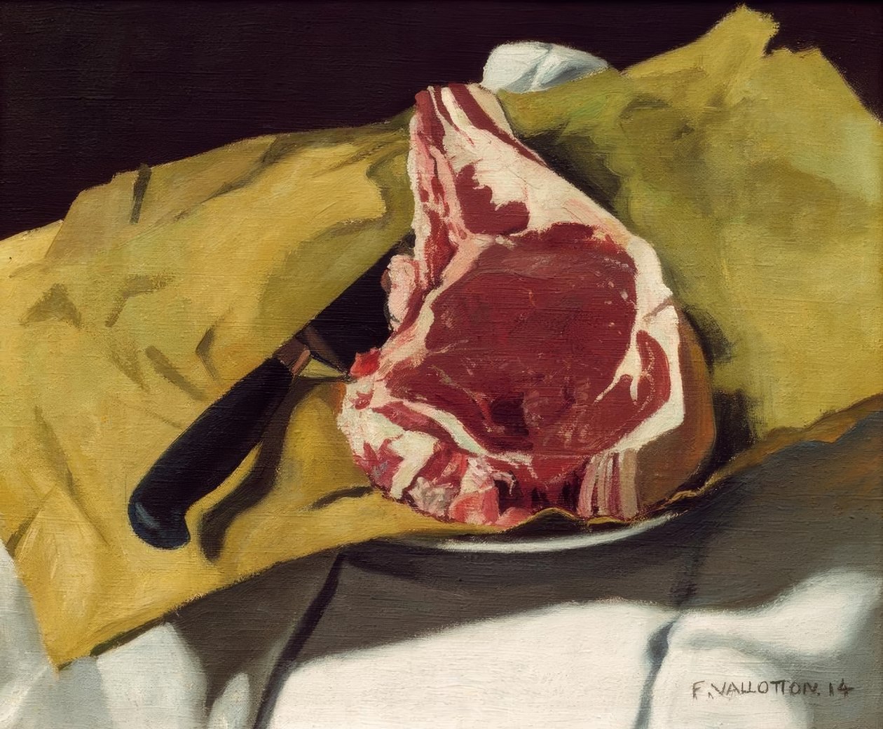 Une entrecote sur un papier jaune tekijältä Felix Edouard Vallotton