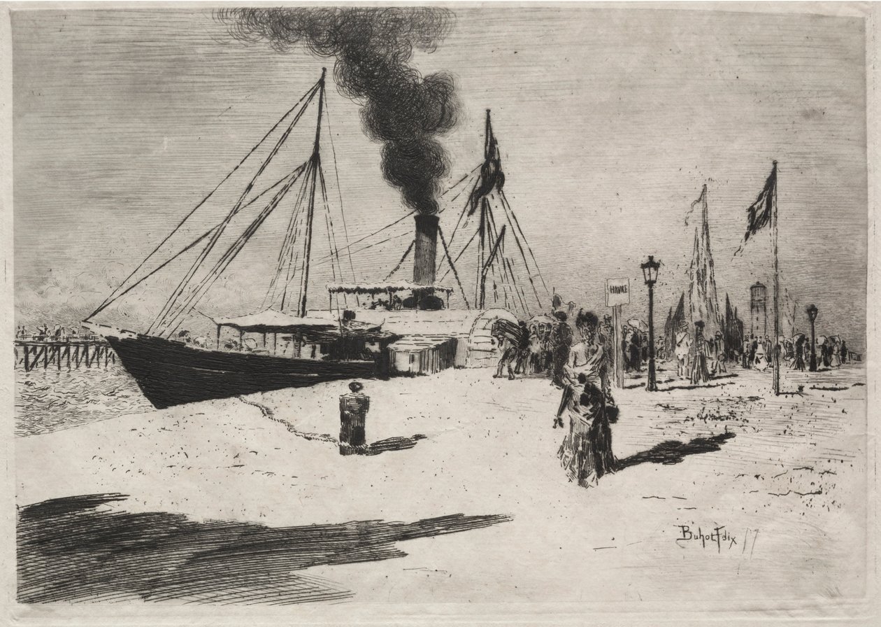 Trouvillen laituri, 1877. tekijältä Felix Hilaire Buhot