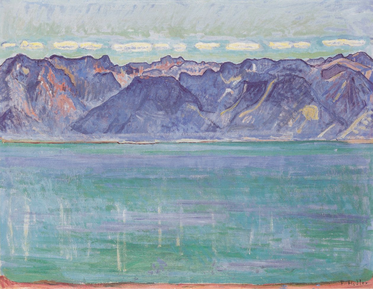 Genevenjärvi ja näkymä Savoy-vuorille tekijältä Ferdinand Hodler