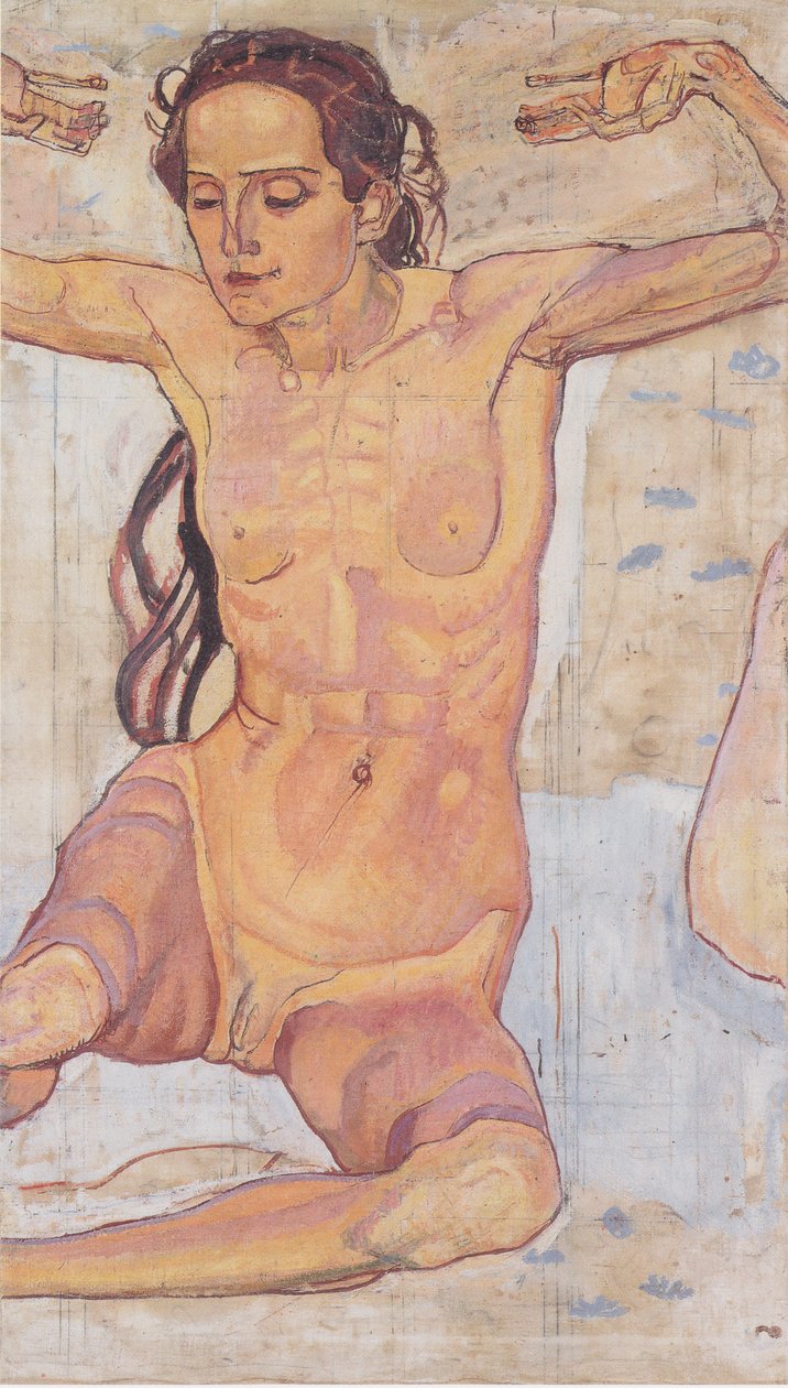 Istuva alaston nainen kädet kohotettuna tekijältä Ferdinand Hodler