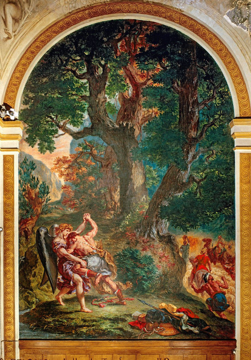 Taistelu Jaakobin ja Enkelin välillä, 1850-61 (öljy ja vaha kipsissä) (katso yksityiskohta 252678) tekijältä Ferdinand Victor Eugene Delacroix
