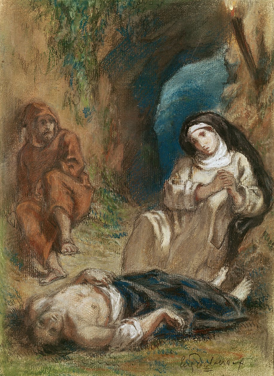 Lelia luolassa, George Sandin (1804-76) teoksesta "Lelia" noin 1852 (pastelli paperille). tekijältä Ferdinand Victor Eugene Delacroix