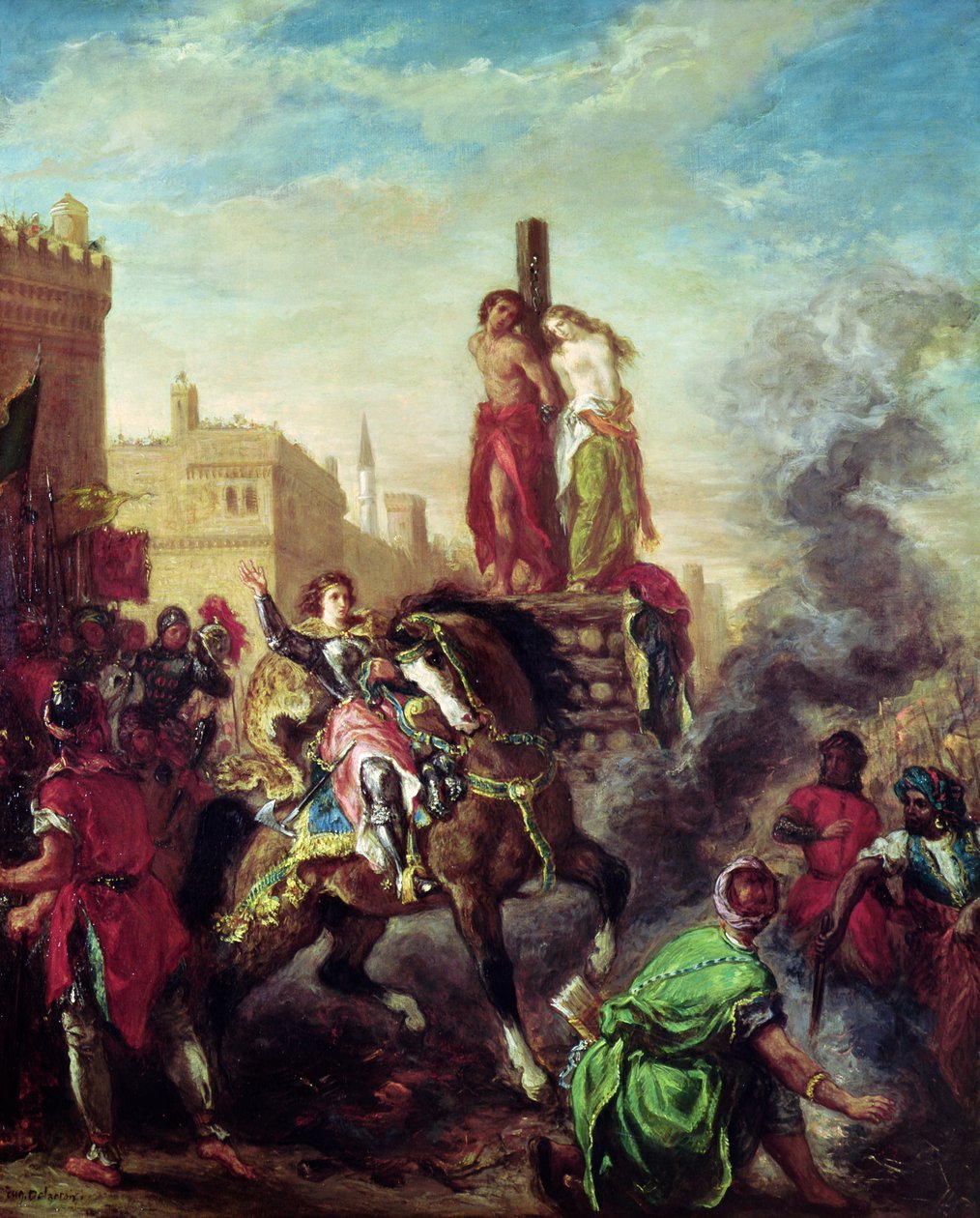 Olinda ja Sophronia pyrossa, Torquato Tasson (1544-95) teoksesta "Gerusalemme Liberata". tekijältä Ferdinand Victor Eugene Delacroix