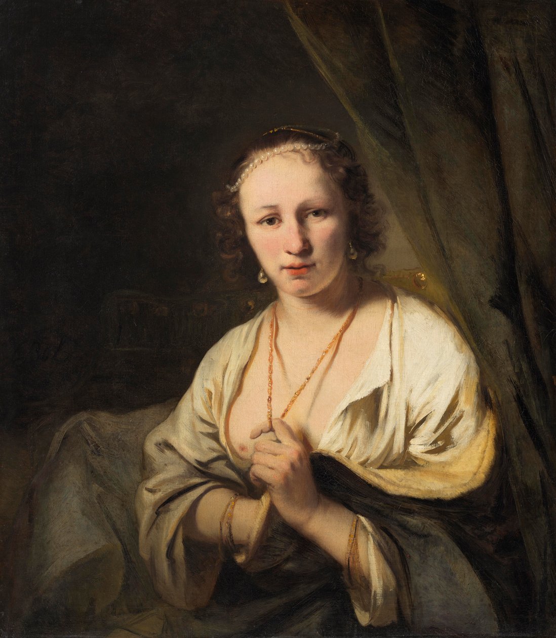 Nainen, jolla on helmiä hiuksissaan, noin 1653 tekijältä Ferdinand Bol