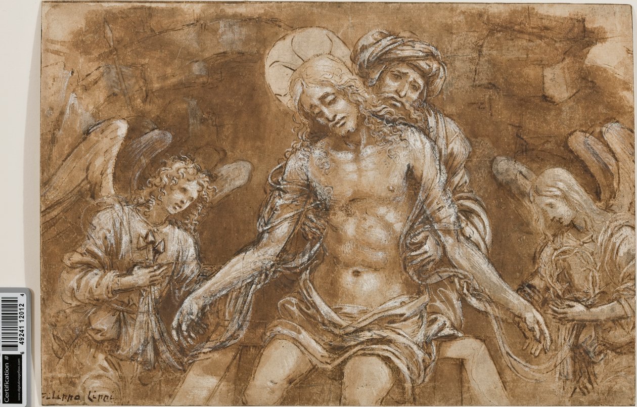 Kristuksen valitus haudalla, n. 1500 (kynä ja muste pesun päälle ja liitu paperille, korotettu valkoisella) tekijältä Filippino Lippi