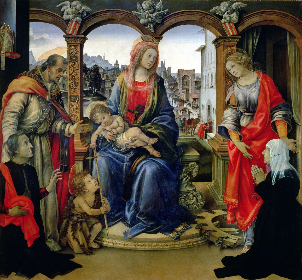 Nerli alttaritaulu: Madonna ja lapsi nuoren Johannes Kastajan, Pyhän Martinin, Pyhän Katariinan ja lahjoittajien Tanai ja Nanna dei Nerlin kanssa, 1494 tekijältä Filippino Lippi