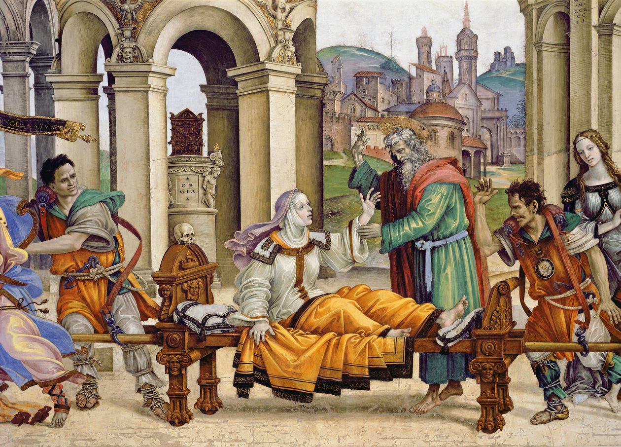 Strozzi-kappelin pohjoisseinä, Pyhän Johannes Evankelistan Drusianan nostaminen, n. 1457-1502 freskon yksityiskohta vuodelta 208293 tekijältä Filippino Lippi