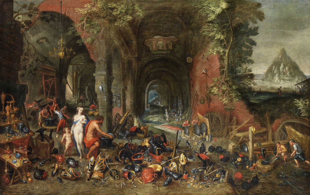 Venus ja Amor in Schmiede des Vulkan. tekijältä Flemish painter in the circle of Jan Brueghel