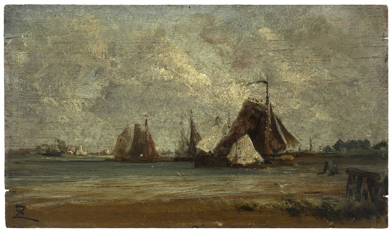 Kalastuslautat, n. 1852 (öljy puulle) tekijältä Félix Ziem