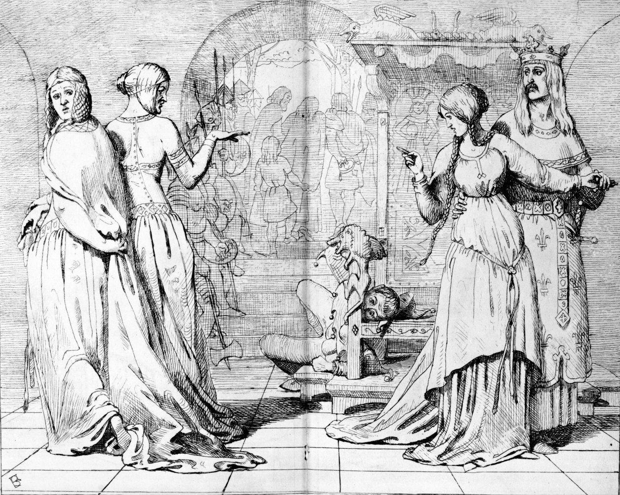 Cordelia johti pois Gonerilista ja Reganista, kuva The Germistä, 1850 tekijältä Ford Madox Brown