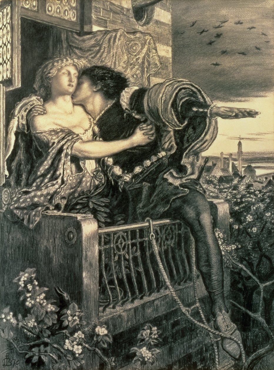 Romeo ja Julia, 1876 (kynä, mustetta ja musta liitu) tekijältä Ford Madox Brown