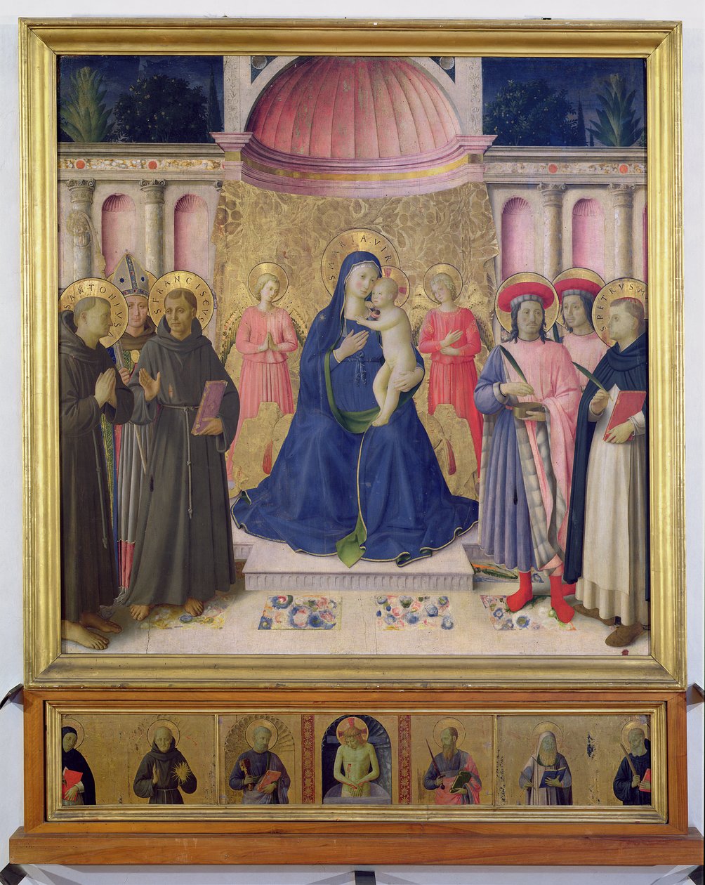 Bosco ai Frati -alttaritaulu: Neitsyt ja lapsi valtaistuimella kahden enkelin kanssa SS:n välillä. Anthony Padovalainen, Louis Toulouse ja Franciscus ja SS. Cosmas ja Damianus ja Pietari marttyyri, 1452 (tempera tekijältä Fra Angelico