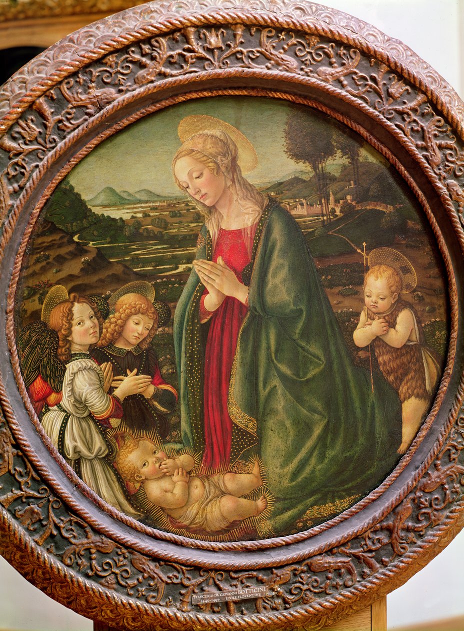 Neitsyt palvomassa Kristus-lapsia Pyhän Johannes Kastajan ja kahden enkelin kanssa (tempera paneelissa) tekijältä Francesco Botticini