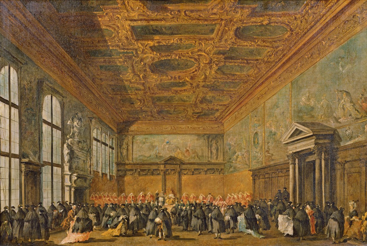 Yleisö myöntämät Doge Venetsian College salissa Dogen palatsi, c.1766-70 tekijältä Francesco Guardi