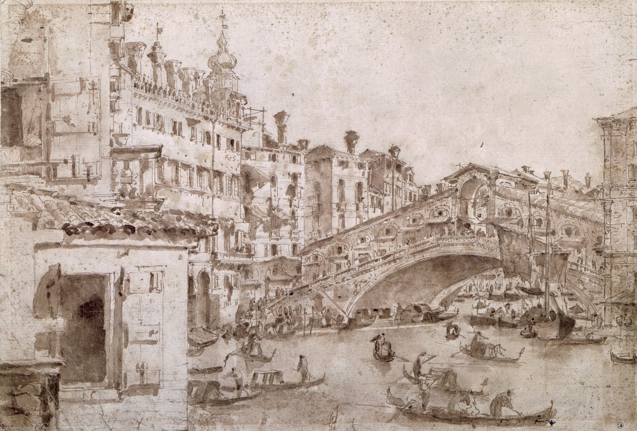Rialton silta, Venetsia (kynä ja ruskea muste paperille) tekijältä Francesco Guardi