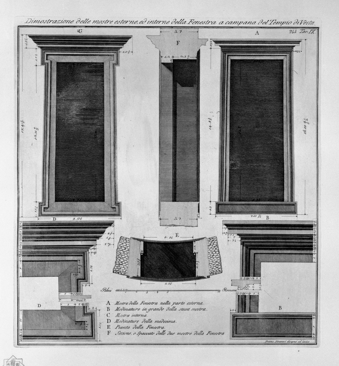 Vesta-temppelin kelloikkunan ulko- ja sisäpuolen näyttelyiden esittely. tekijältä Francesco Piranesi