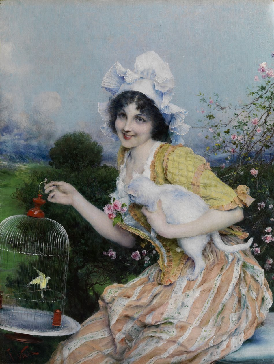Mädchen mit Katze und Vogelkäfig tekijältä Francesco Vinea