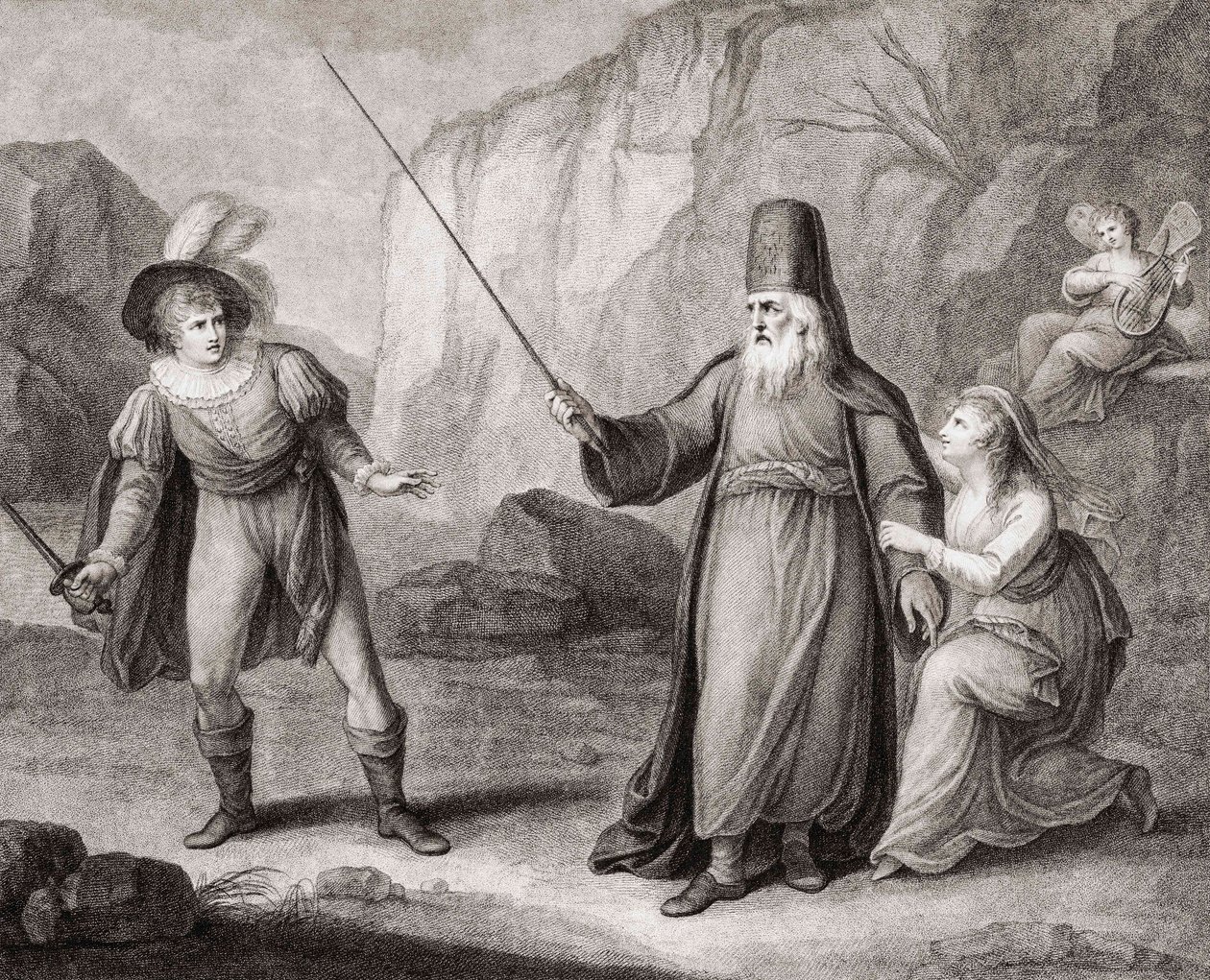 Prospero riisuu Ferdinandin aseista. Shakespeare. The Tempest (kaiverrus) tekijältä Francesco Bartolozzi