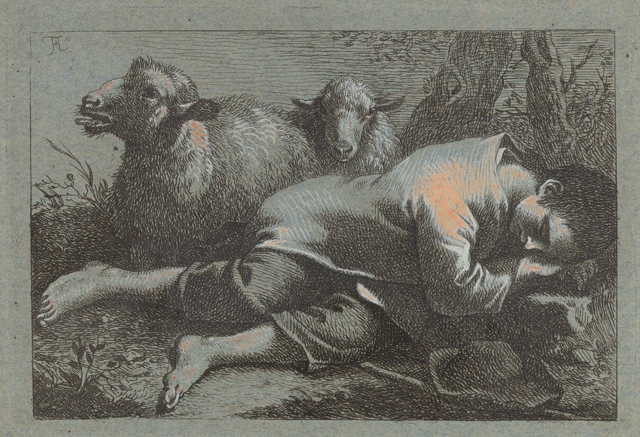 Talonpoika nukkuu lähellä kahta lammasta, 17581759. tekijältä Francesco Londonio