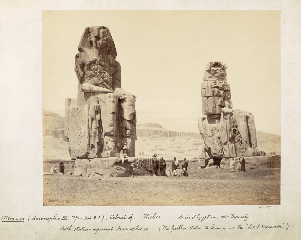 Memnonin kolossit, Amenhotep III:n patsaat, XVIII-dynastia, n. 1375-1358 eKr., Thebes, 1862 (seepiakuva) tekijältä Francis Bedford