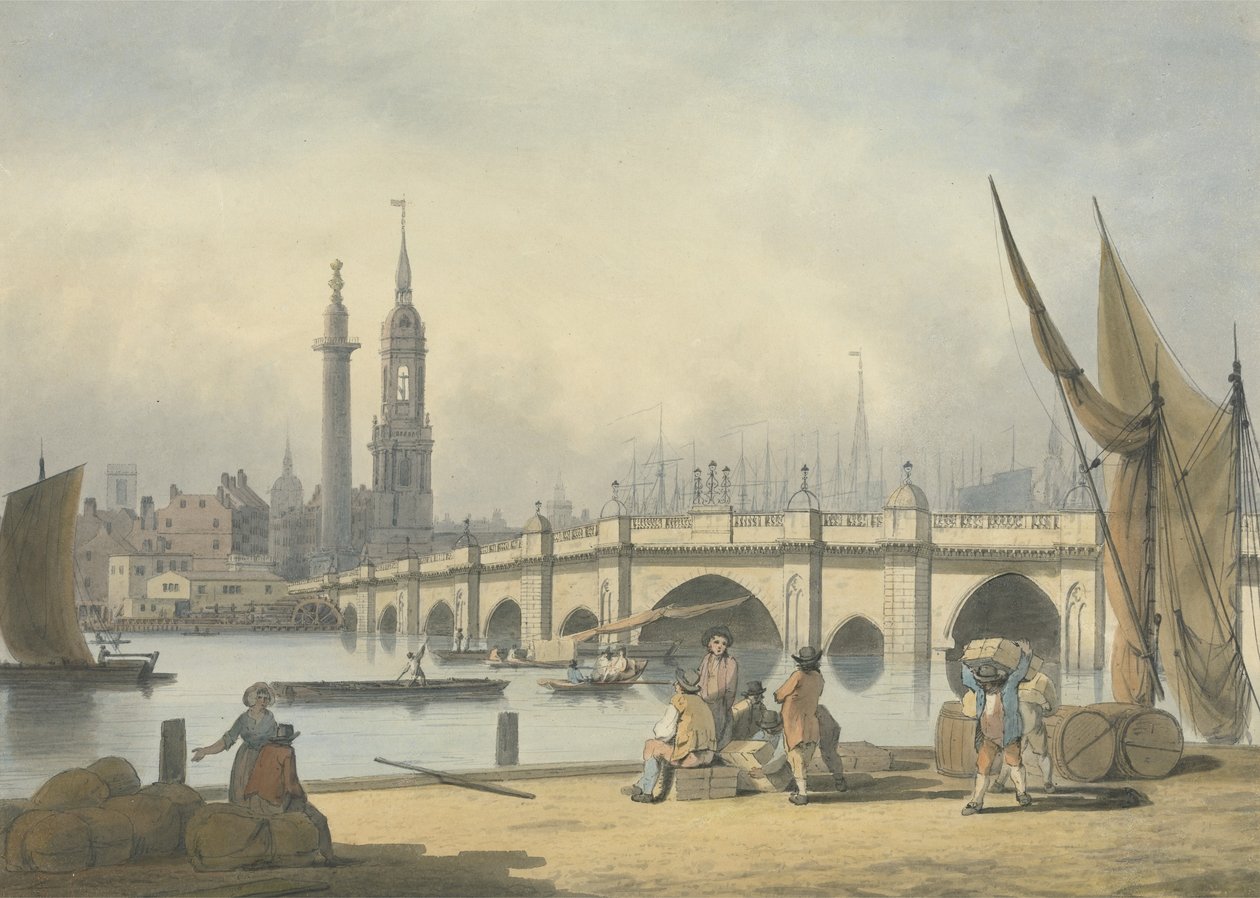 Lontoon silta ja monumentti, noin 1795 (grafiitti, wc ja muste paperille). tekijältä Francis Nicholson