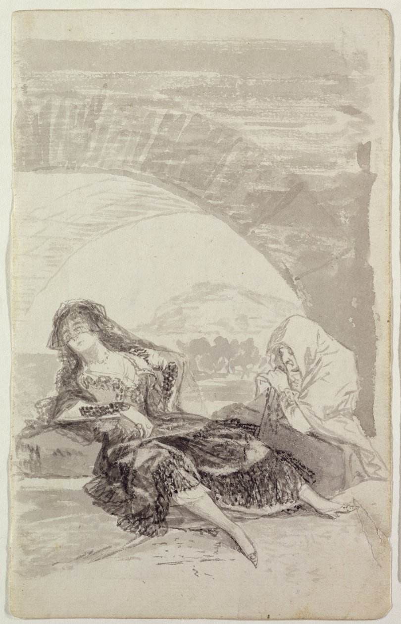 Maja ja Celestina kaaren alla (harmaa ja musta kynä paperilla) tekijältä Francisco de Goya