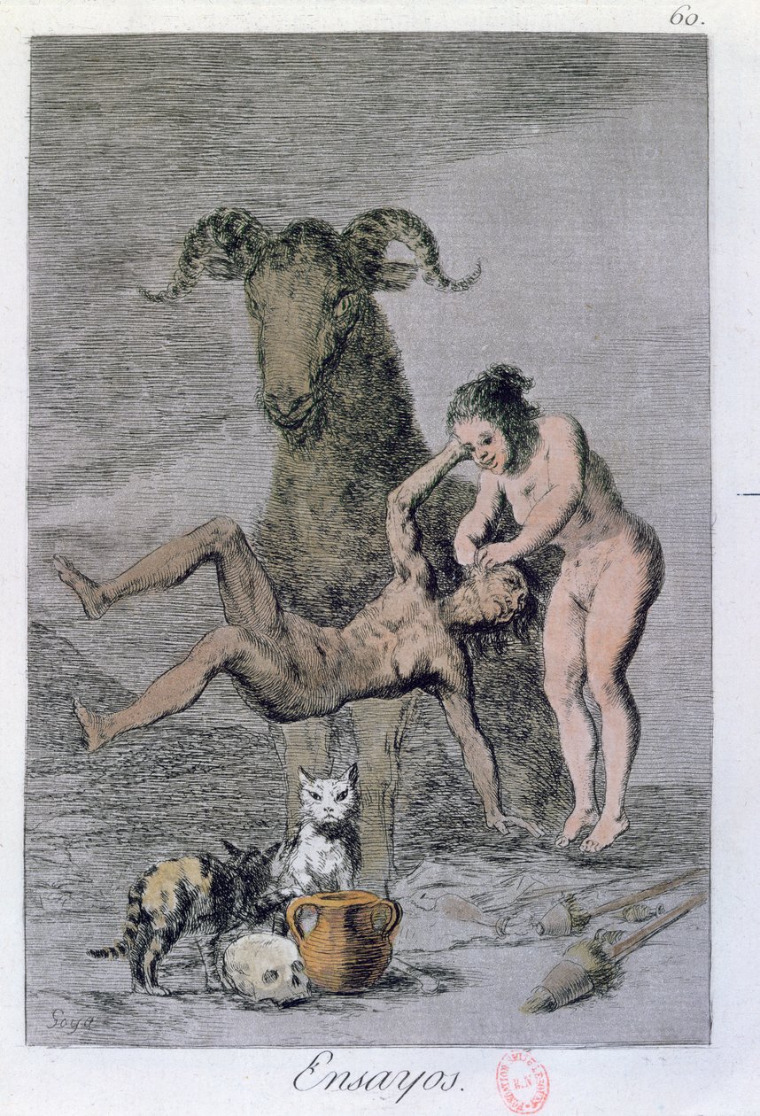 Ensayos (Kokeilut), "Los Caprichos" -levy 60, 1700-luvun loppu (värillinen kaiverrus) tekijältä Francisco de Goya