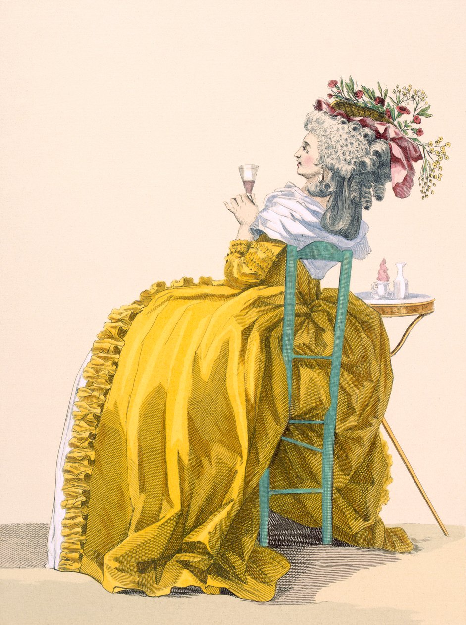 Nainen nojaa tuolilla ja juo samppanjaa, kaiverrettu Dupin, levy nro 193 julkaisusta "Galeries des Modes et Costumes Francais", n. 1778-87 tekijältä Francois Louis Joseph Watteau