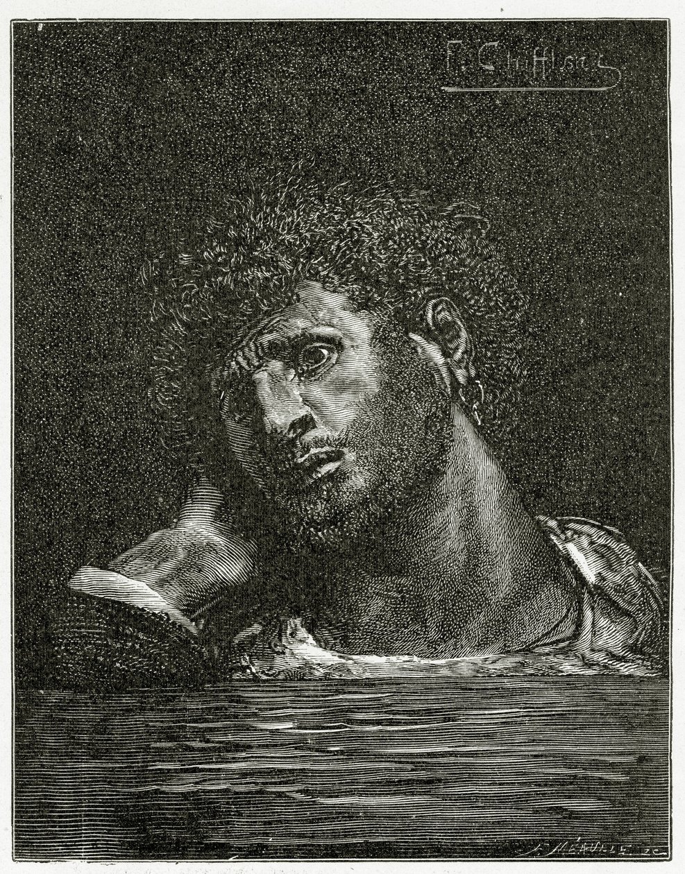 Giliathin kuolema - kuvitus 1800-luvun merityöläisistä (bw-kaiverrus) tekijältä Francois Nicolas Chifflart