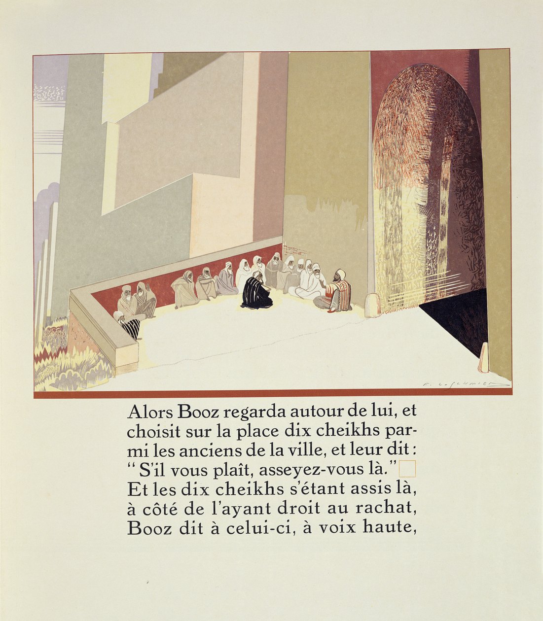 Boaz valitsee torilta kymmenen vanhinta kirjasta "Ruth et Booz", jonka on kääntänyt J.C. Mardrus, julkaistu 1930 tekijältä Francois Louis Schmied