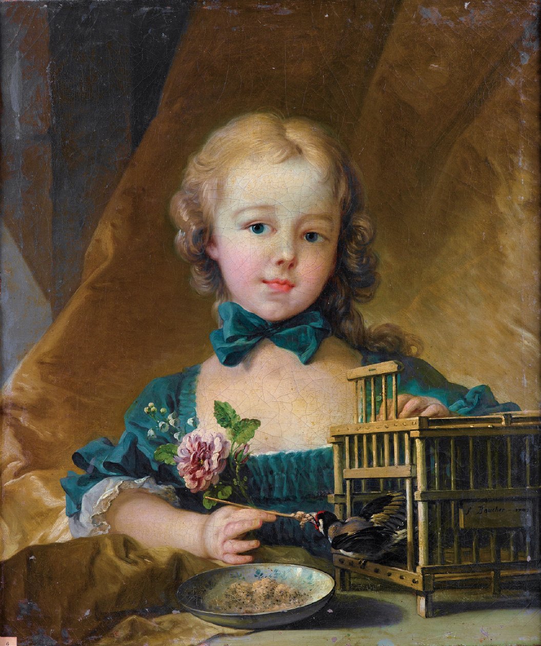 Muotokuva dAlexandrine Le Normant dÉtiolles jouant avec un chardonneret tekijältä François Boucher