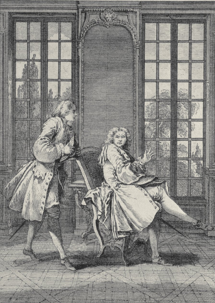 Kohtaus Molieren (1622-73) Le Misanthrope -elokuvasta, kaiverrus Laurent Cars tekijältä François Boucher