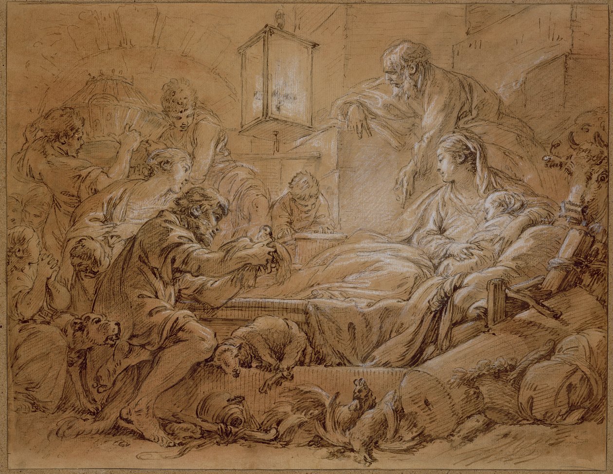 The Nativity (kynän ja musteen pesu, tehostettu valkoisella paperille) tekijältä François Boucher