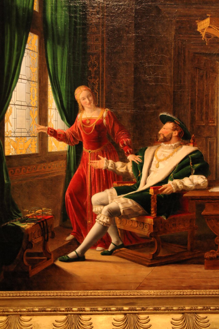 Frans I näyttää sisarelleen Marguerite de Navarralle säkeet, jotka hän on juuri kirjoittanut timantillaan ikkunaan. tekijältä François Fleury Richard